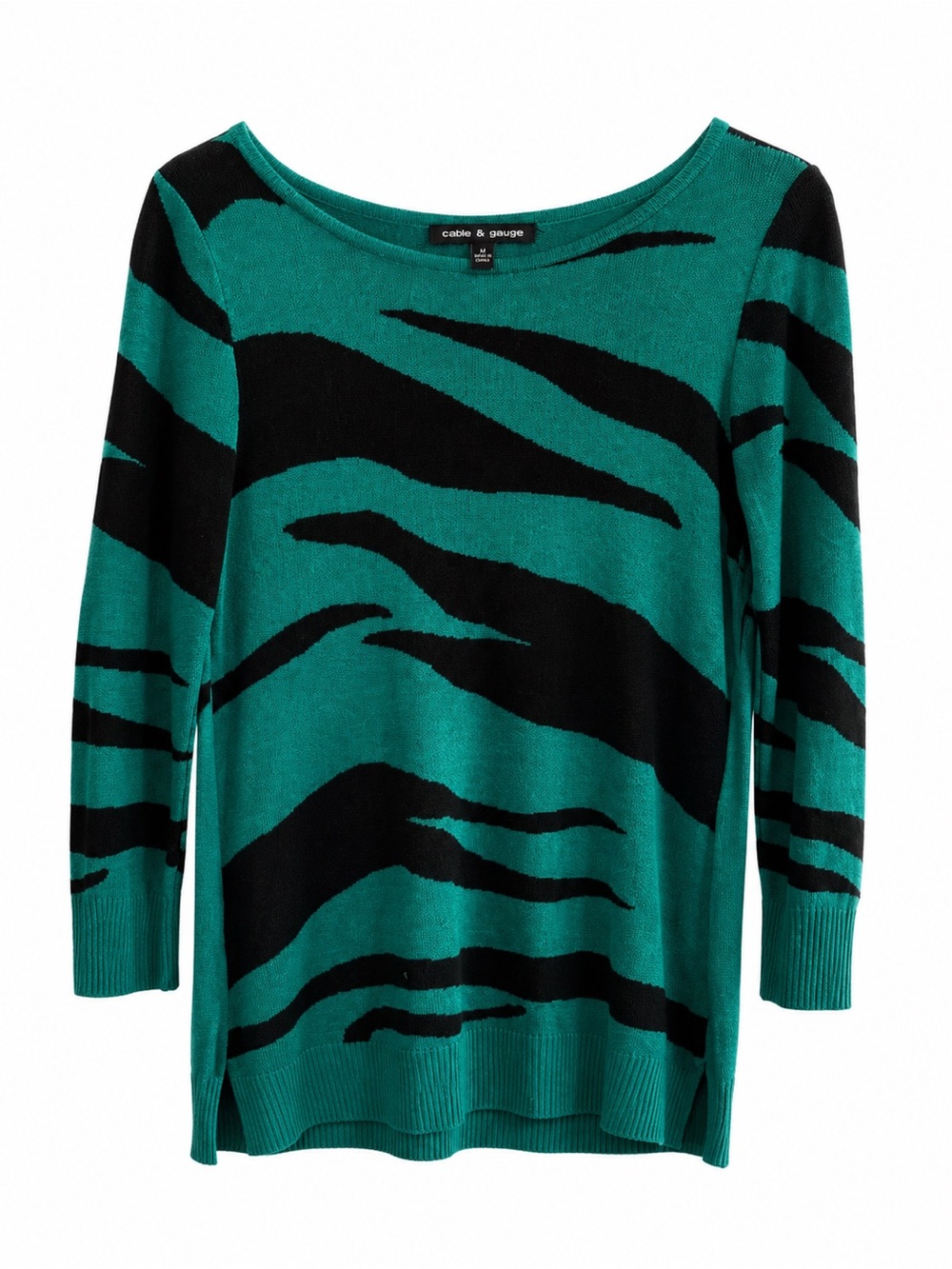 Cable & Gauge Women Zebra Print Knit Sweater Green Black Medium